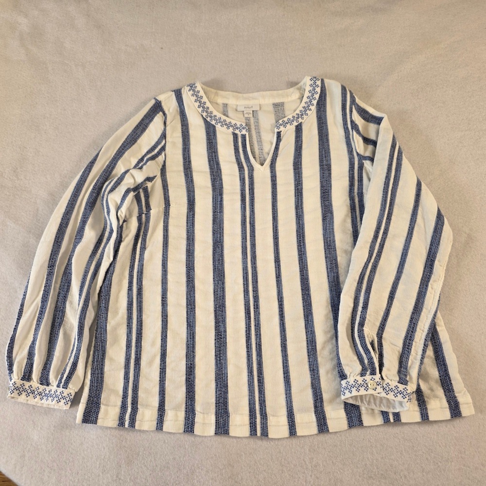 Pure Jill J Jill Cotton Embroidered Stripe Split Neck Top Blue White Womens M
